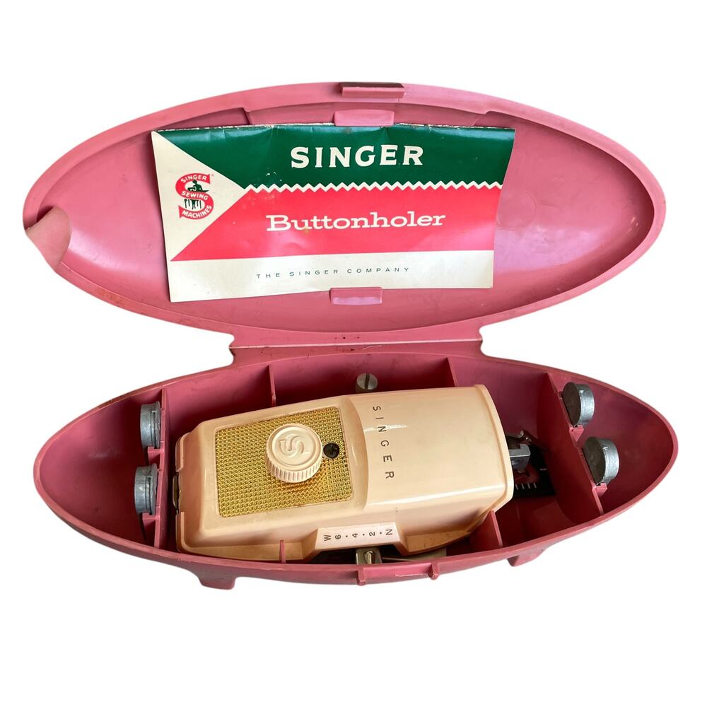Vintage Singer Buttonholer Pink Plastic Atomic Case 1960s Sewing Attachment READ
